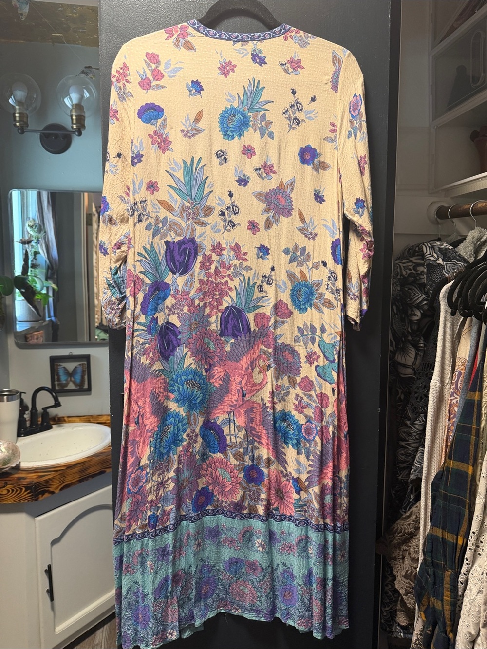Spell Cream Maxi Kimono Dress with Blue and Pink Floral Print - Picture 3 of 3